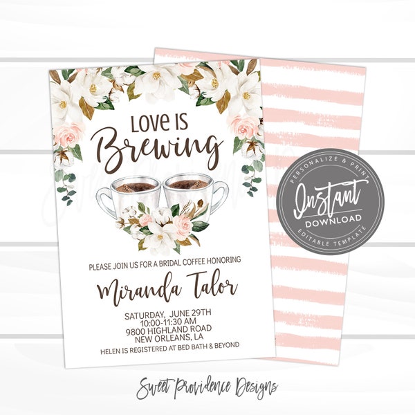 Bridal Tea Invitation, Bridal Shower Invite, Editable Boho Cotton Bridal Shower, Love is brewing Coffee Invite, Printable Instant Access