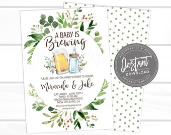 Editable Baby is Brewing Shower Invitation, Bottle and Beers Baby Shower Cheers Coed Couples Shower Printable Instant Access- Edit NOW