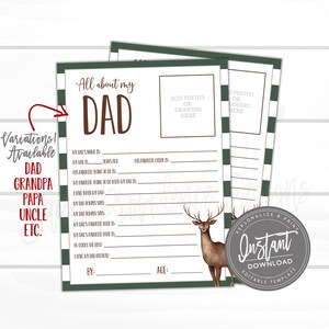 EDITIERBARE Vatertagsfragebogen, Vatertagsgeschenk, Alles über Papa, Fragebögen für Kinder, Vatertags-Deer-Umfrage Vatertag
