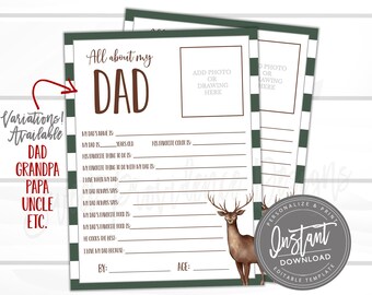 EDITABLE Fathers day questionnaire, Father's Day Gift, All about Dad, Survey questions for kids, Fathers Day Deer Survey Father's Day