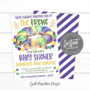 Mardi Gras Baby Shower Invitation, Editable Baby Shower template, New to the Krewe shower invite, King Cake baby, Instant Access Edit Now