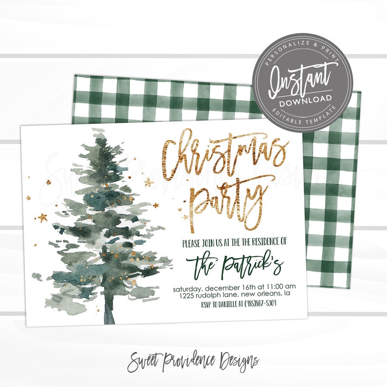 May include: Christmas party invitation with a watercolour Christmas tree and gold lettering. The invitation includes the text "Christmas Party" and event details. The background features a green and white checked pattern.