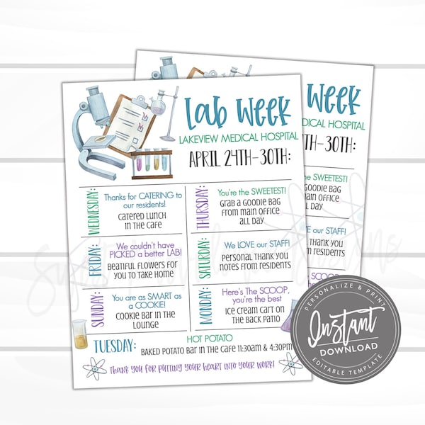 EDITABLE Lab Appreciation Week Itinerary Poster, Printable Digital File, National Lab Week Schedule Events Medical tech Staff Instant Access