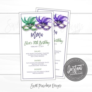 Mardi Gras Menu Card, Masquerade Ball Menu, Editable Mardi Gras Menu, King Cake Party, Fat Tuesday Carnival,  Instant Access