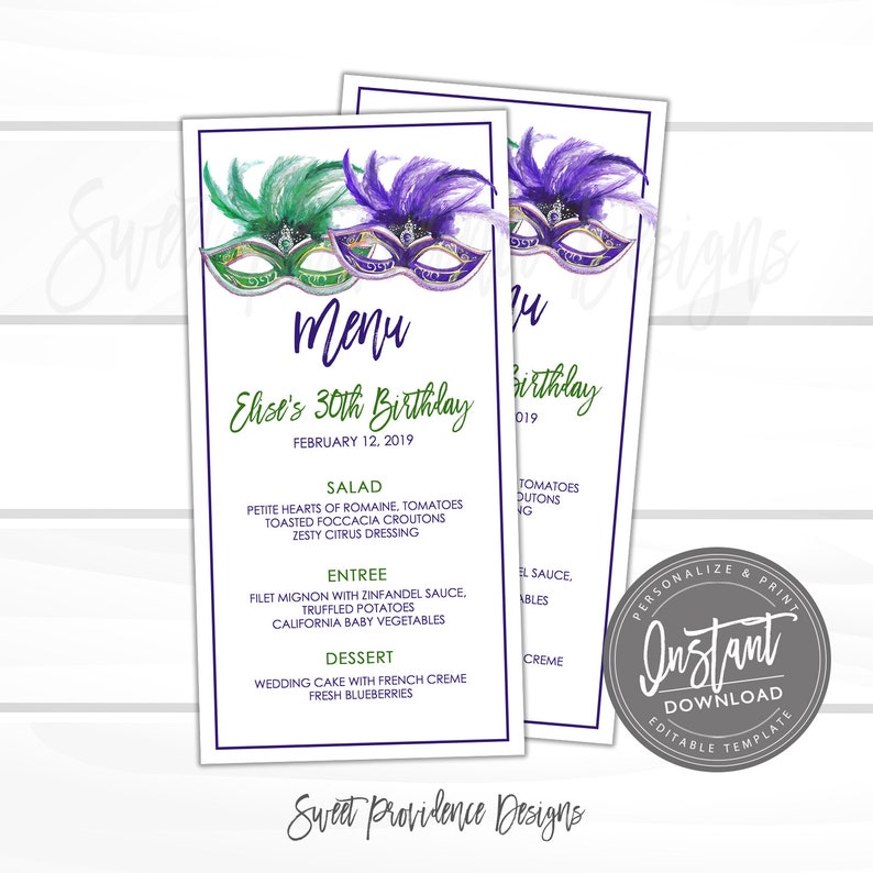 Może przedstawiać: Dwie karty menu z fioletowo-zielonym wzorem maski karnawałowej. Menu zawiera napisy "Menu" i "30. urodziny Elise" z listą potraw. Słowa "Sweet Providence Designs" znajdują się na dole.