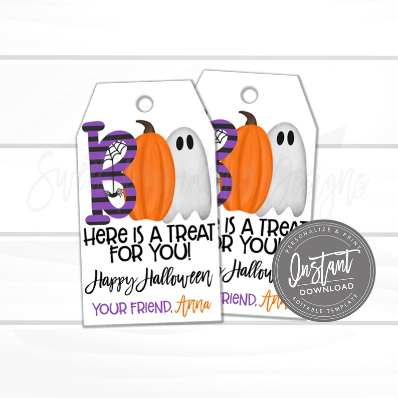 May include: Two Halloween gift tags with a white background. The tags feature a purple and black striped "B" with a spider, an orange pumpkin, and a white ghost. Text reads "Here is a treat for you! Happy Halloween."