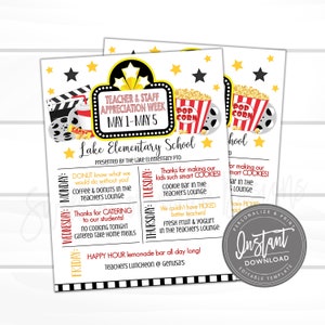 May include: A printable sign for Teacher and Staff Appreciation Week at Lake Elementary School. The sign features a movie theme with a red and white popcorn bucket, a film reel, and a black and white marquee with the text "Teacher & Staff Appreciation Week May 1-May 5". The sign lists daily activities for the week, including coffee and donuts, a cookie bar, fresh fruit and yogurt, and a happy hour lemonade bar.
