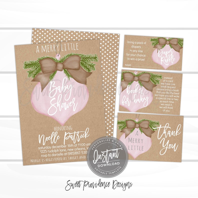 Merry Little Christmas Girl Baby Shower Kit, Editable Girl Pink Baby Shower Ornament Invite, Holiday Printable Template, Instant Download image 1