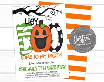 May include: Halloween-themed birthday party invitation with a smiling jack-o'-lantern and the word "BOO." The invitation includes the text "Come to my party!" and details for Abigail's 7th birthday, with a striped orange and white pattern on the back.