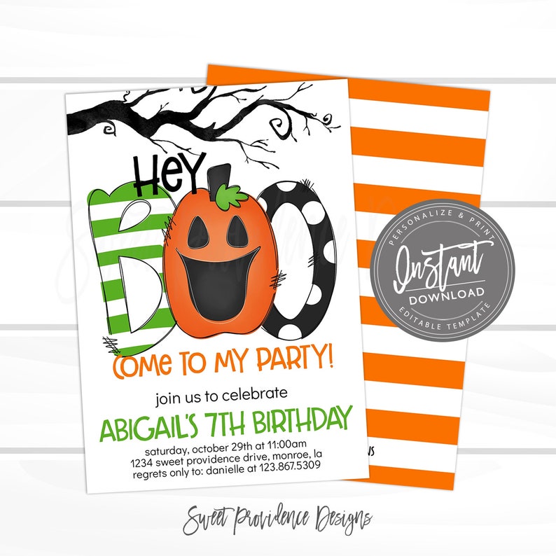 May include: Halloween-themed birthday party invitation with a smiling jack-o'-lantern and the word "BOO." The invitation includes the text "Come to my party!" and details for Abigail's 7th birthday, with a striped orange and white pattern on the back.