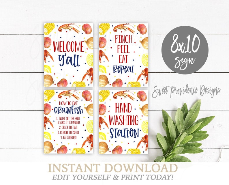 Crawfish Boil Signs, How to Eat, Welcome, Hand Washing, Pinch Peel Eat, Printable Crawfish Signs, ANY Event, Instant Access- EDIT NOW KC1 image 1
