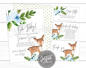 Baby Boy Shower Invitation Kit, Woodland Deer Floral, Blue Oh Baby Shower Invite, Editable baby shower template, , Instant Access