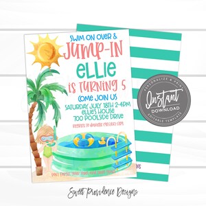 May include: A watercolor-style invitation for a pool party, featuring a sun, palm tree, and a girl with goggles. The text reads "Swim on Over & Jump-In Ellie is Turning 5" with party details. Includes a teal and white striped backing.