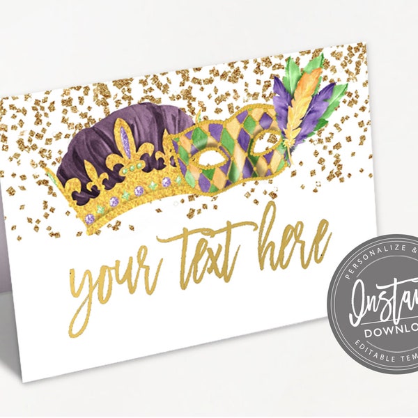 Mardi Gras Food Tent, Editable Name Place Cards, Gold Glitter Mask Crown Folded tent name card, Carnival Printable Template, Instant Access