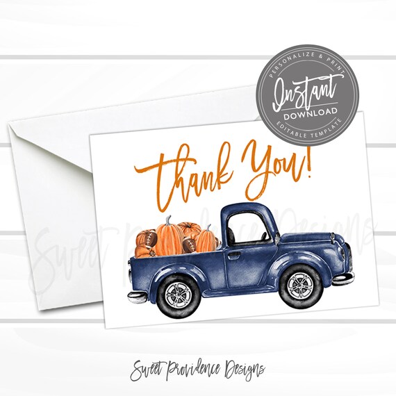 Navy Truck Pumpkin Thank You Card, Printable Thank you Cards, Editable Thank You Instant Download, Baby Shower Thank You Card, templett Il_570xn
