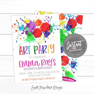 Art Party Birthday Invitation, Art Party invitation, Paint Seventh Virtual Birthday Invitation Editable Birthday Invitation, Instant Access