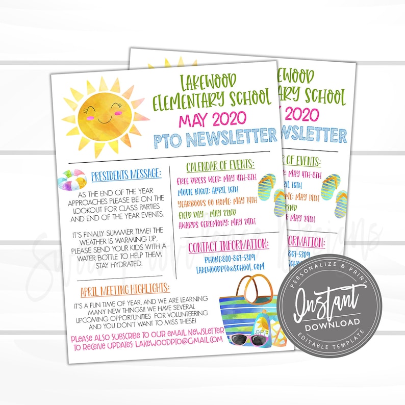 May include: A colorful printable newsletter template for a school's PTO. The template features a smiling sun, beach-themed graphics, and the text "Lakewood Elementary School PTO Newsletter May 2020".