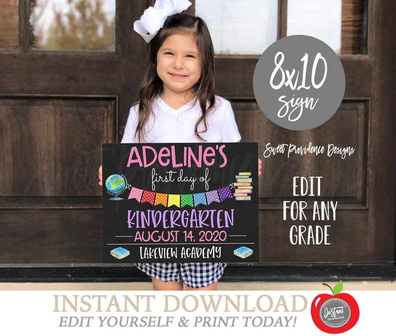 May include: A printable 8x10 inch sign for a child's first day of kindergarten. The sign is black with white chalk-style text and colorful illustrations. The text reads "ADELINE'S first day of KINDERGARTEN - AUGUST 14, 2020 - LAKEVIEW ACADEMY".