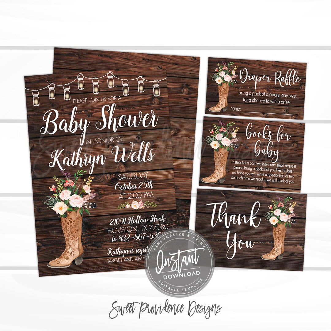 Rustic Baby Shower Invitation Kit, Floral Boots Watercolor Baby Shower