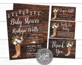 Rustic Baby shower Invitation Kit, Floral Boots Watercolor Baby Shower Invitation, Country Western baby shower Invitation, Instant Access