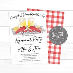 May include: A red and white gingham background with a white card on top. The card features a watercolour illustration of two crayfish holding beers and text that reads "Cranfish & Brews before the I dos". The card also includes the text "Please join us for an Engagement Party to celebrate Allie & Jake". The card also includes the date, time, location, and contact information for regrets.