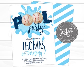 Baseball Birthday Invitation, Pool Party, Editable Baseball team party, Boy Sports Summer Birthday Invite, Printable Instant Access EDIT NOW