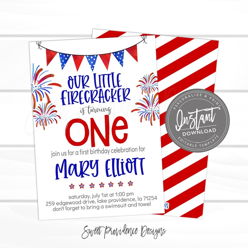 May include: Red, white, and blue birthday party invitation with fireworks and bunting. The text reads "Our Little Firecracker is turning One" and "Mary Elliott".