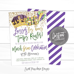 K&ouml;nnte beinhalten: Eine Einladung zu einer Mardi Gras-Party mit goldenem Glitzer und violetten und gr&uuml;nen Masken. Der Text lautet "Laissez les bons temps rouler!" und "Mardi Gras Celebration at the Arrencaux's".