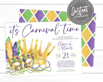 Mardi Gras Ball Invitation, Editable Laissez les bon Temps Rouler Celebration template, Carnival invite template, Printable Instant Access