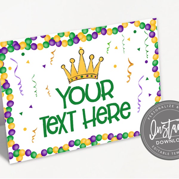 Mardi Gras Food Tent, Editable Name Place Cards, Mardi Gras Folded tent name card, Queen King Crown Printable Template, Instant Access