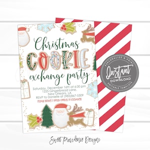 May include: A Christmas Cookie Exchange Party invitation with a festive design. The invitation features gingerbread cookie-style lettering and illustrations of Santa, reindeer, and gifts. The background is white with gold speckles, and the back of the invitation has red and white stripes.