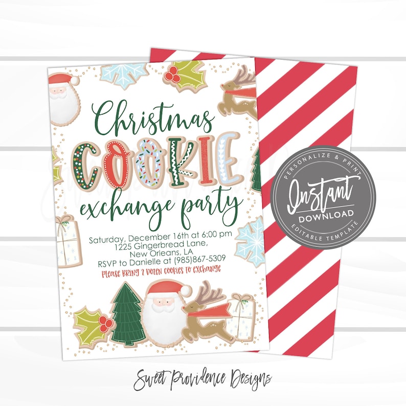 May include: A Christmas Cookie Exchange Party invitation with a festive design. The invitation features gingerbread cookie-style lettering and illustrations of Santa, reindeer, and gifts. The background is white with gold speckles, and the back of the invitation has red and white stripes.