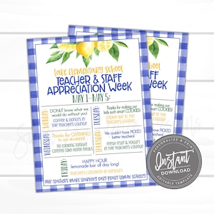 EDITABLE Teacher Appreciation Week Itinerary, Printable Lemon Digital File, Appreciation Week Schedule Events, Instant Access- Edit Now!