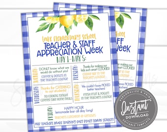 EDITABLE Teacher Appreciation Week Itinerary, Printable Lemon Digital File, Appreciation Week Schedule Events, Instant Access- Edit Now!