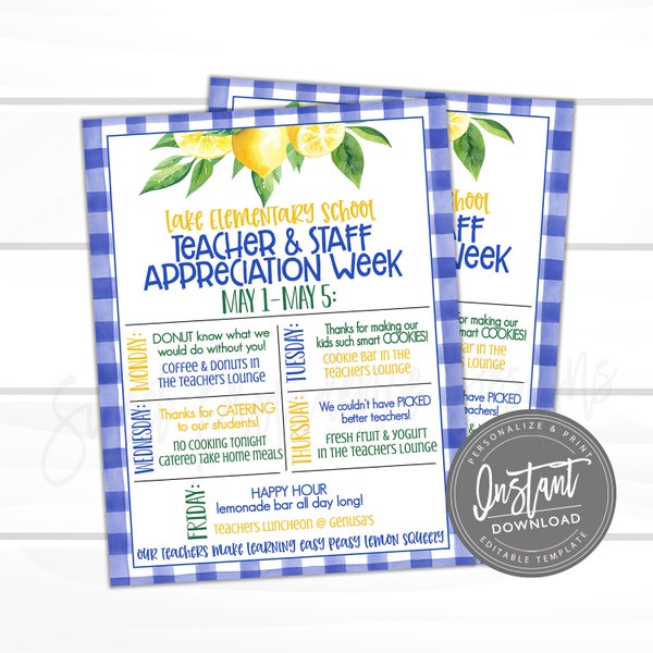 EDITABLE Teacher Appreciation Week Itinerary, Printable Lemon Digital File, Appreciation Week Schedule Events, Instant Access- Edit Now!