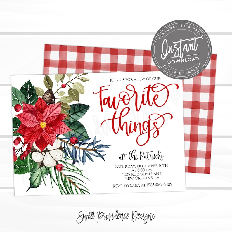 May include: A holiday invitation with the text "Favorite Things" in red script, featuring a poinsettia and greenery illustration. The background includes a red and white checkered pattern and the text "Instant Download".