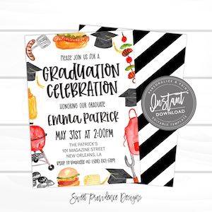 Pode incluir: Convite para uma festa de formatura com ilustra&ccedil;&otilde;es em aquarela de itens de churrasco, incluindo uma grelha, um cachorro-quente e um chap&eacute;u de formatura. O texto do convite diz "Celebra&ccedil;&atilde;o de Formatura" e inclui o nome do formando, a data, a hora e o local.