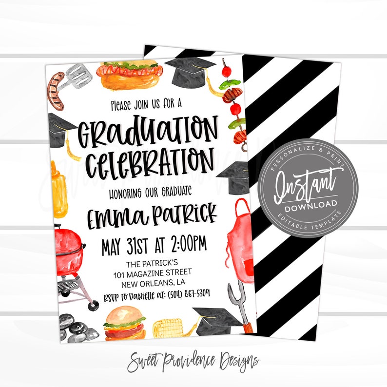 Pode incluir: Convite para uma festa de formatura com ilustra&ccedil;&otilde;es em aquarela de itens de churrasco, incluindo uma grelha, um cachorro-quente e um chap&eacute;u de formatura. O texto do convite diz "Celebra&ccedil;&atilde;o de Formatura" e inclui o nome do formando, a data, a hora e o local.