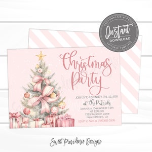May include: A pink Christmas party invitation with a watercolor illustration of a decorated Christmas tree, gifts, and the words "Christmas Party." The invitation includes party details and a contact for RSVP.