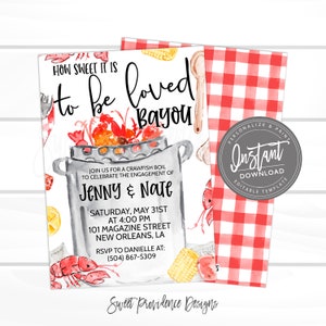 May include: A watercolor illustration of a crawfish boil with the text "How sweet it is to be loved Bayou" and "Jenny & Nate" on a white background. The invitation is for a crawfish boil to celebrate the engagement of Jenny and Nate on Saturday, May 31st at 4:00 PM at 101 Magazine Street, New Orleans, LA. The RSVP information is (504) 867-5309. The invitation is surrounded by a red and white gingham pattern.