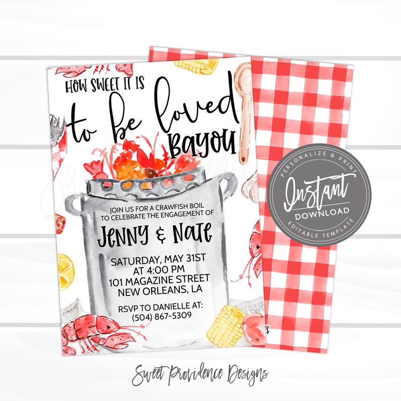 May include: A watercolor illustration of a crawfish boil with the text "How sweet it is to be loved Bayou" and "Jenny & Nate" on a white background. The invitation is for a crawfish boil to celebrate the engagement of Jenny and Nate on Saturday, May 31st at 4:00 PM at 101 Magazine Street, New Orleans, LA. The RSVP information is (504) 867-5309. The invitation is surrounded by a red and white gingham pattern.