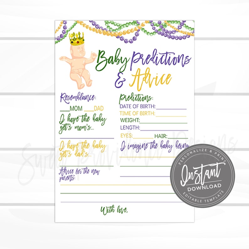 Mardi Gras Baby shower Game, Baby Predictions and Advice, Baby Game Card, King Cake Predictions for Baby, Digital Invitation, Instant Access image 1