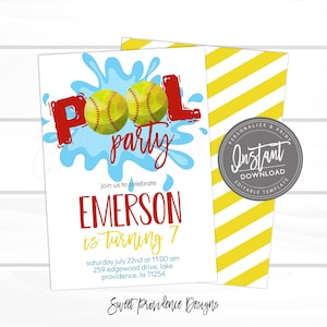 Softball Birthday Invitation, Pool Party, Editable Softball team party, Girl Sports Birthday Invite, Printable Instant Access EDIT NOW