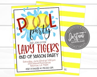 Editable Softball Party Invitation, Editable End of Season Softball team party, Pool Party, Girl Sports Invite, Printable Instant Access