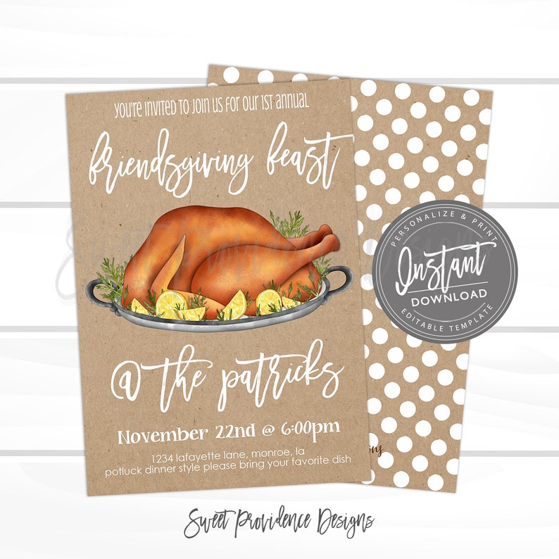 Friendsgiving Invitation, Friendsgiving Potluck, Potluck Invite, Turkey, Editable template, Sweet Providence, Instant Download image 1