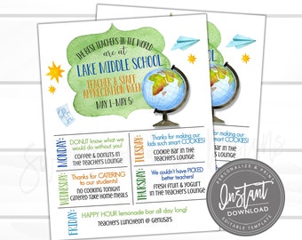 EDITABLE Teacher Appreciation Week Printable, World Appreciation Week Schedule Events Itinerary Digital File, Instant Access- Edit Now!