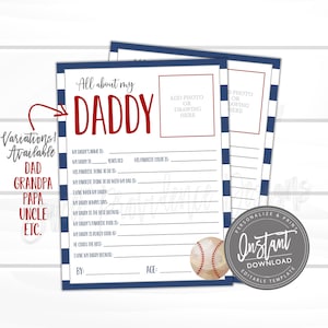 Questionnaire de fête des pères, MODIFIABLE Tout sur les papas, questions d'enquête sur le thème du baseball pour les enfants, cadeau de fête des pères, cadeau de fête des pères