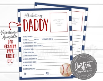 Fathers day questionnaire, EDITABLE All about Daddy, Baseball theme survey questions for kids, Father's Day Gift, Father's Day Present