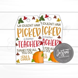 May include: Two rectangular white gift tags with rounded top corners and a hole punch. The text reads WE COULDN'T HAVE PICKED A BETTER TEACHER THANKS FOR ALL YOU DO -COLE & CHARLIE. The design features colorful autumn leaves and an orange pumpkin.
