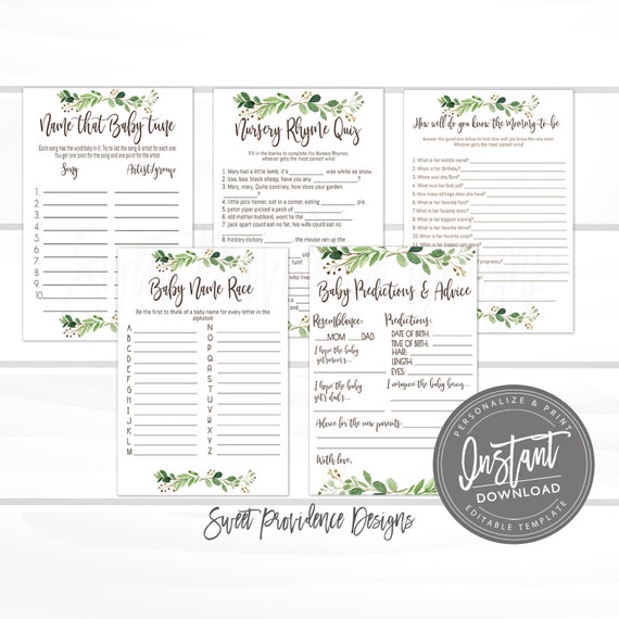 Baby Shower Games Party Pack, Printable Shower Games, EDITABLE baby game, Printable Greenery, Bingo, Shower Game, , Instant Access Il_570xn